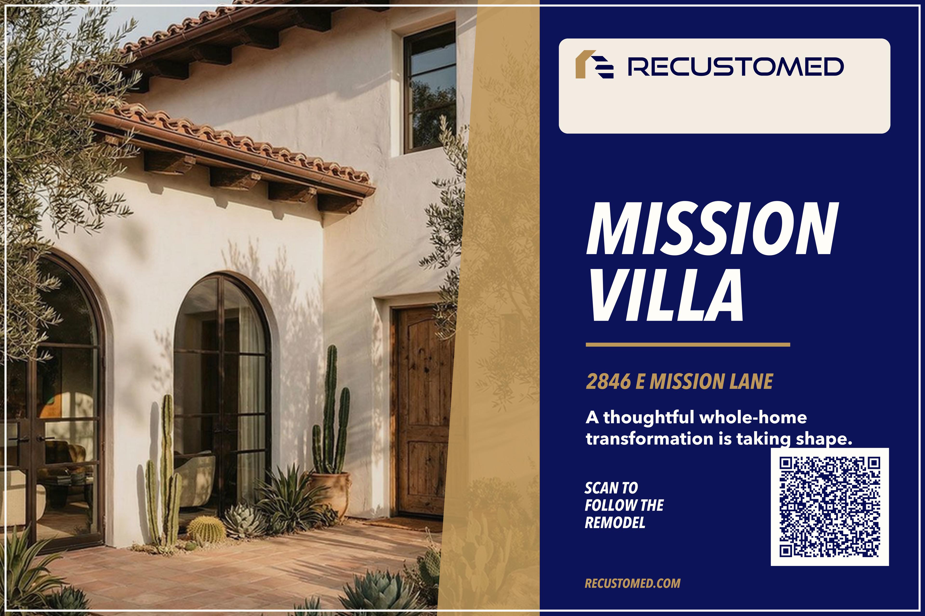 Mission Villa exterior concept board showing a warm Mediterranean-influenced Phoenix home
