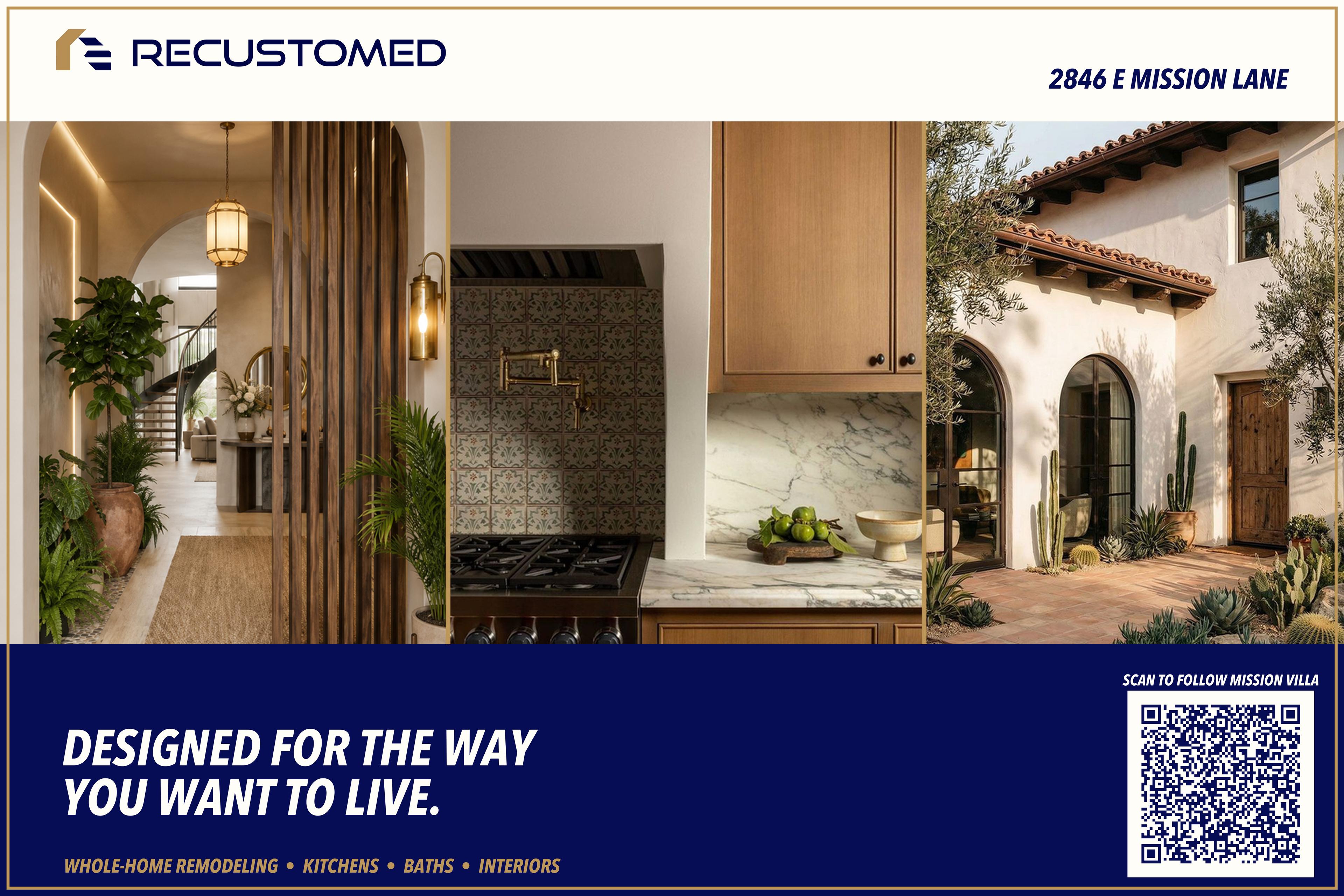 Alternate Mission Villa exterior concept board exploring Mediterranean massing and warm desert materials