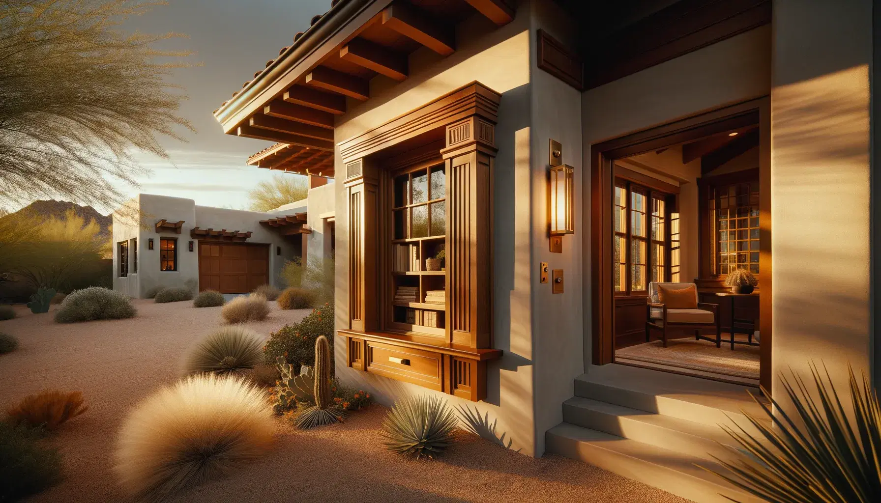 Flawlessly restored period woodwork in a historic Phoenix home — original craftsman built-in shelving with modern brushed gold hardware, warm natural light