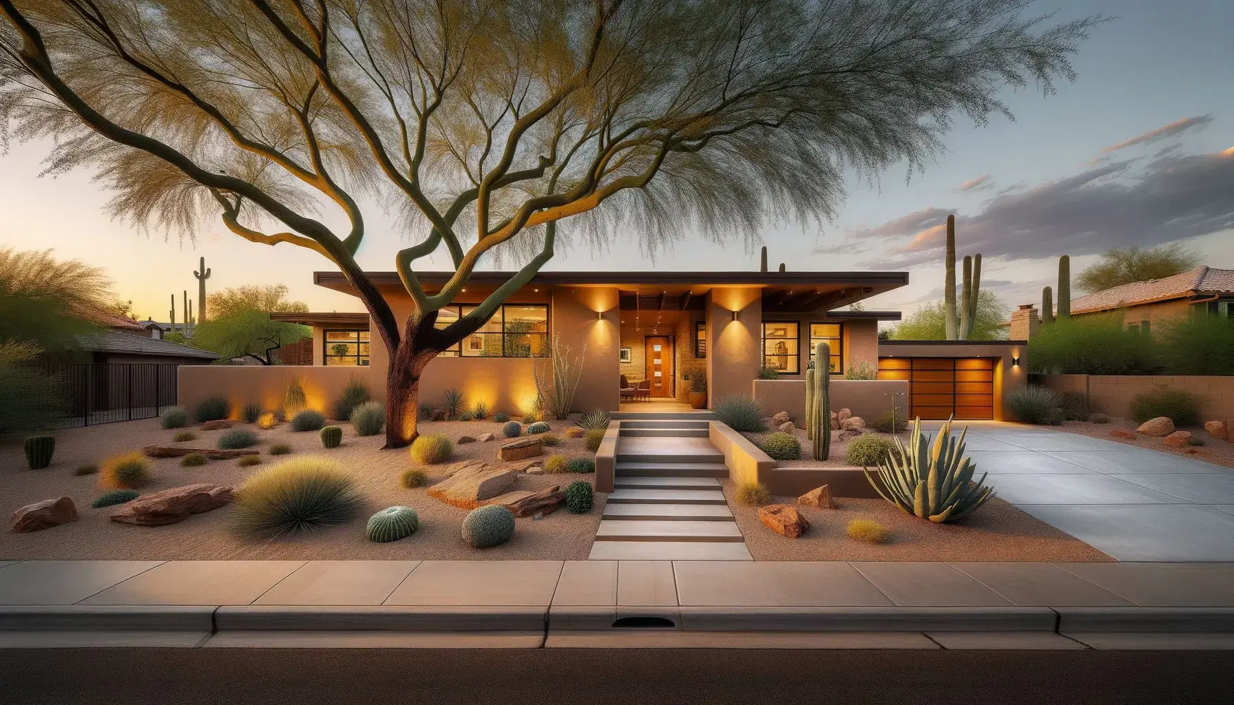 Lovingly restored 1950s Phoenix ranch home — warm stucco, desert garden, mature palo verde tree, personal pride of ownership