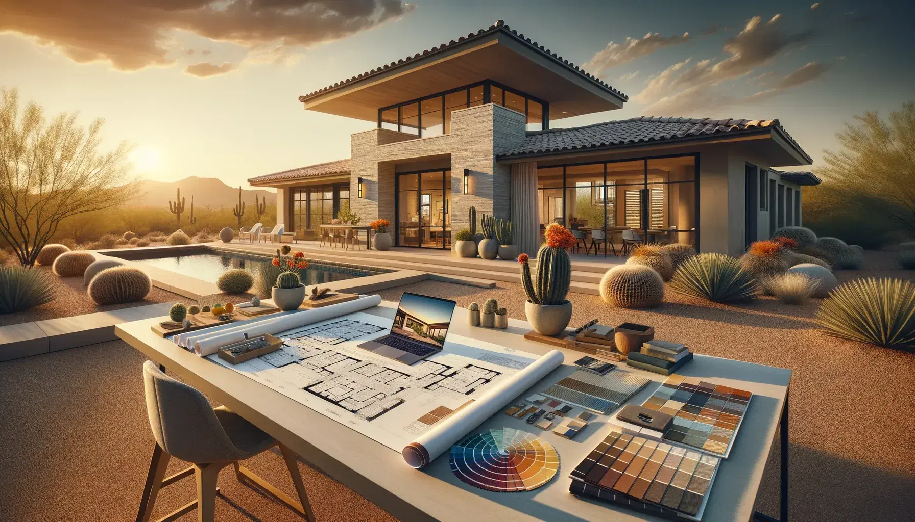 Professional design consultation workspace — blueprints, material sample boards, stone tiles, wood finishes, and a tablet showing a 3D home rendering
