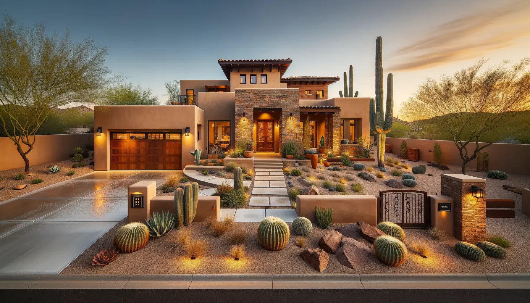 Dramatically transformed Phoenix home exterior — warm desert stucco, stone entry pillars, custom garage door, resort desert landscaping at golden hour