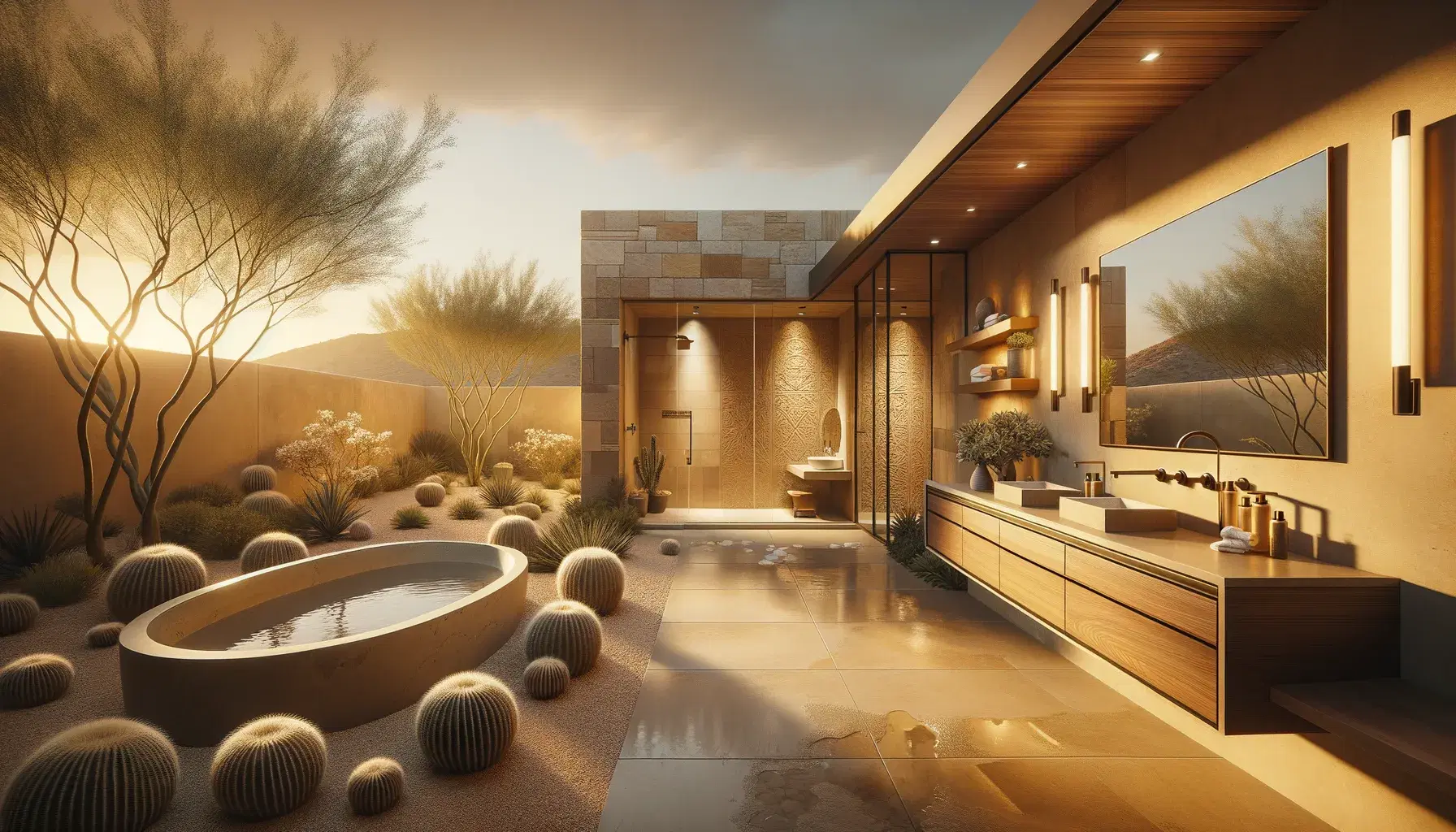 Luxurious spa-inspired master bathroom in a renovated Phoenix home — travertine tile, freestanding soaking tub, floating walnut vanity with brushed gold fixtures