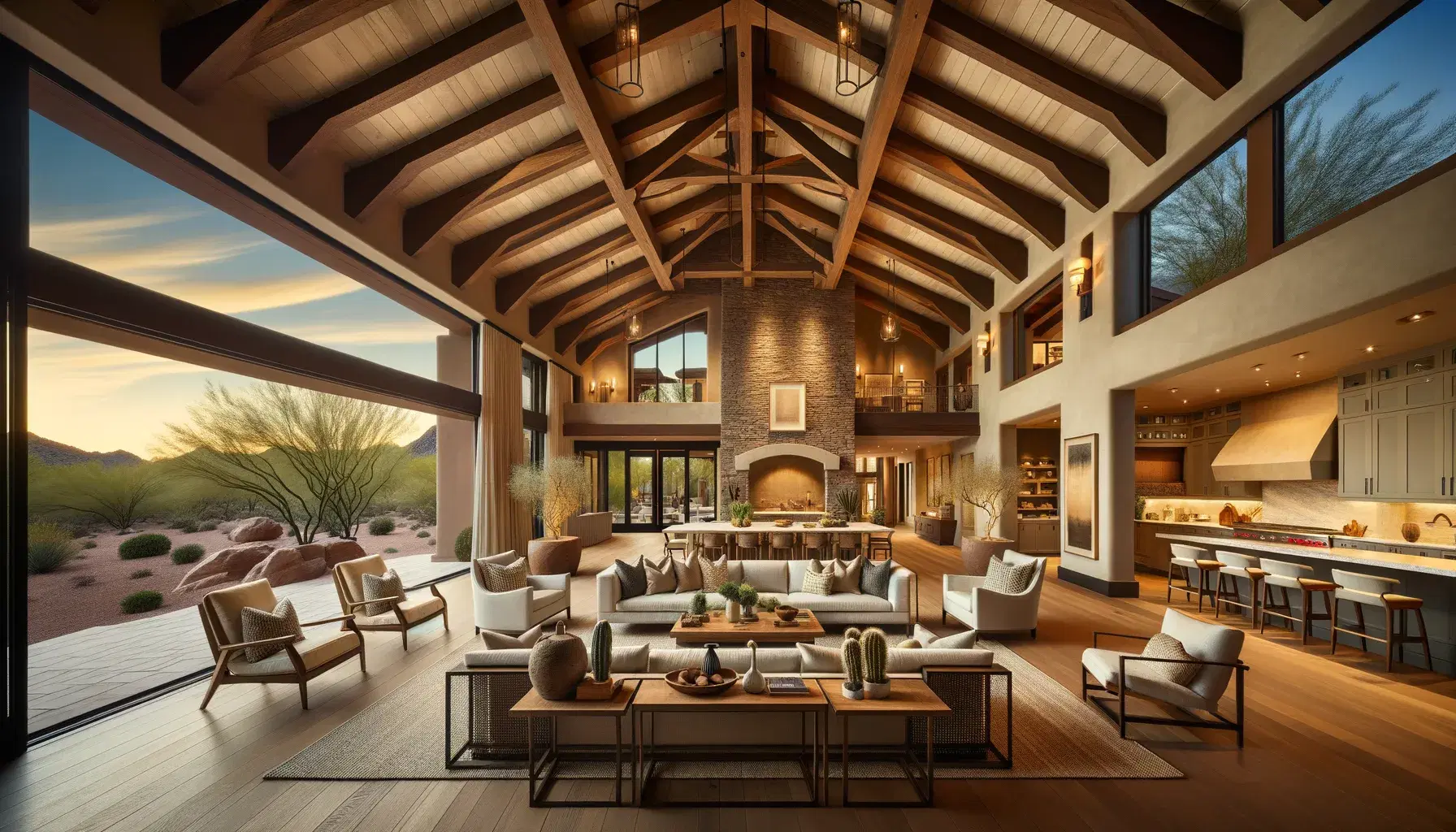 Stunning open-plan interior of a fully renovated historic Phoenix home — vaulted wood beam ceiling, white oak floors, modern desert-tone furnishings