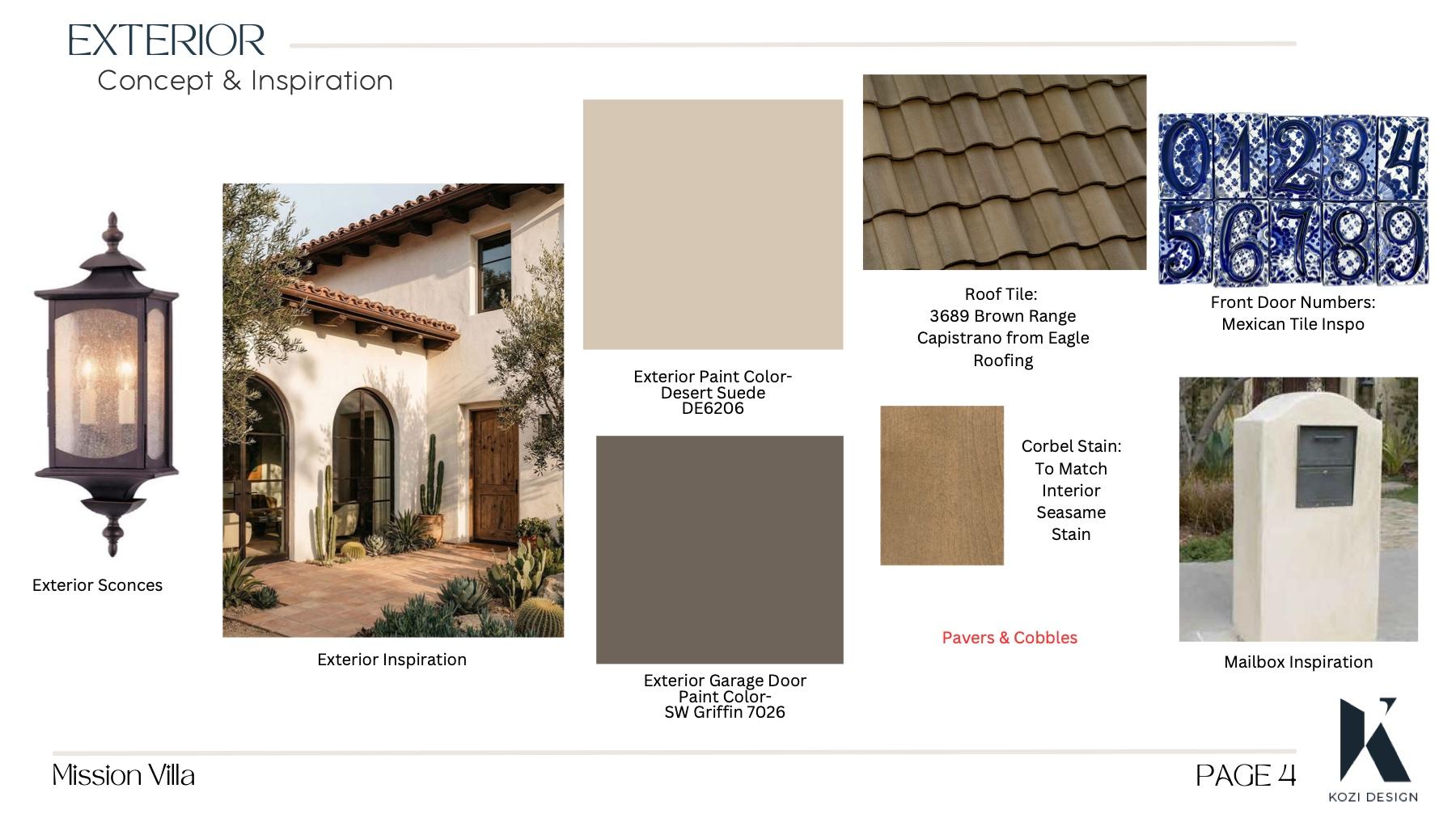 Mission Villa approved exterior concept board showing warm desert materials and Spanish-influenced details