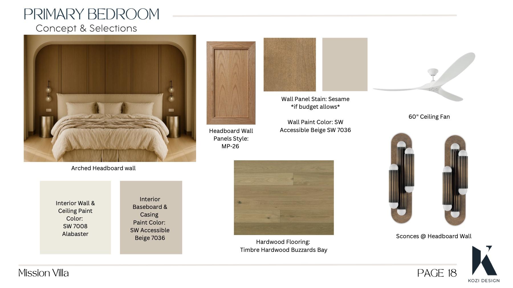 Mission Villa primary bedroom material board with arched wood headboard wall, neutral finishes, and sculptural sconces