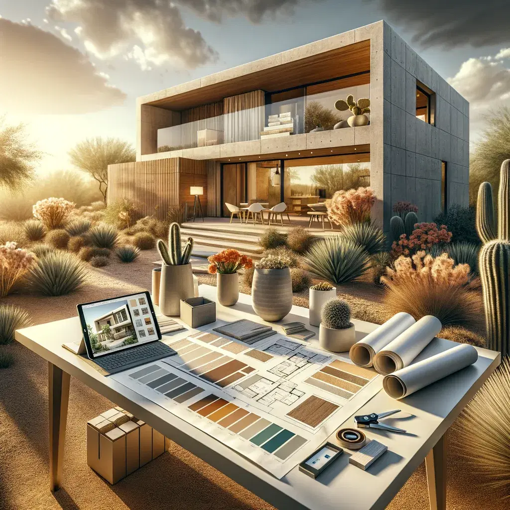 Design consultation workspace — architectural drawings, material samples, paint chips, and home rendering on a tablet