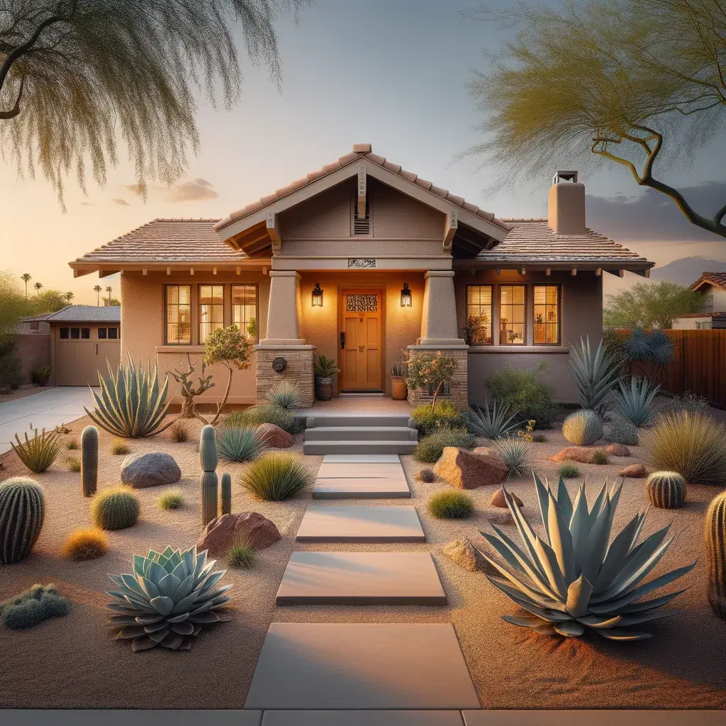 Beautifully restored 1950s Phoenix bungalow exterior — desert landscaping, stone walkway, craftsman front door