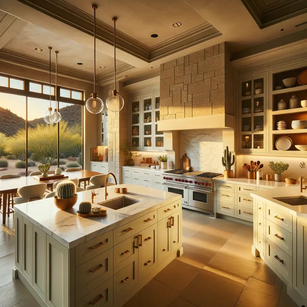 Luxury renovated kitchen in a historic Phoenix home — custom cabinetry, quartz countertops, brushed gold fixtures