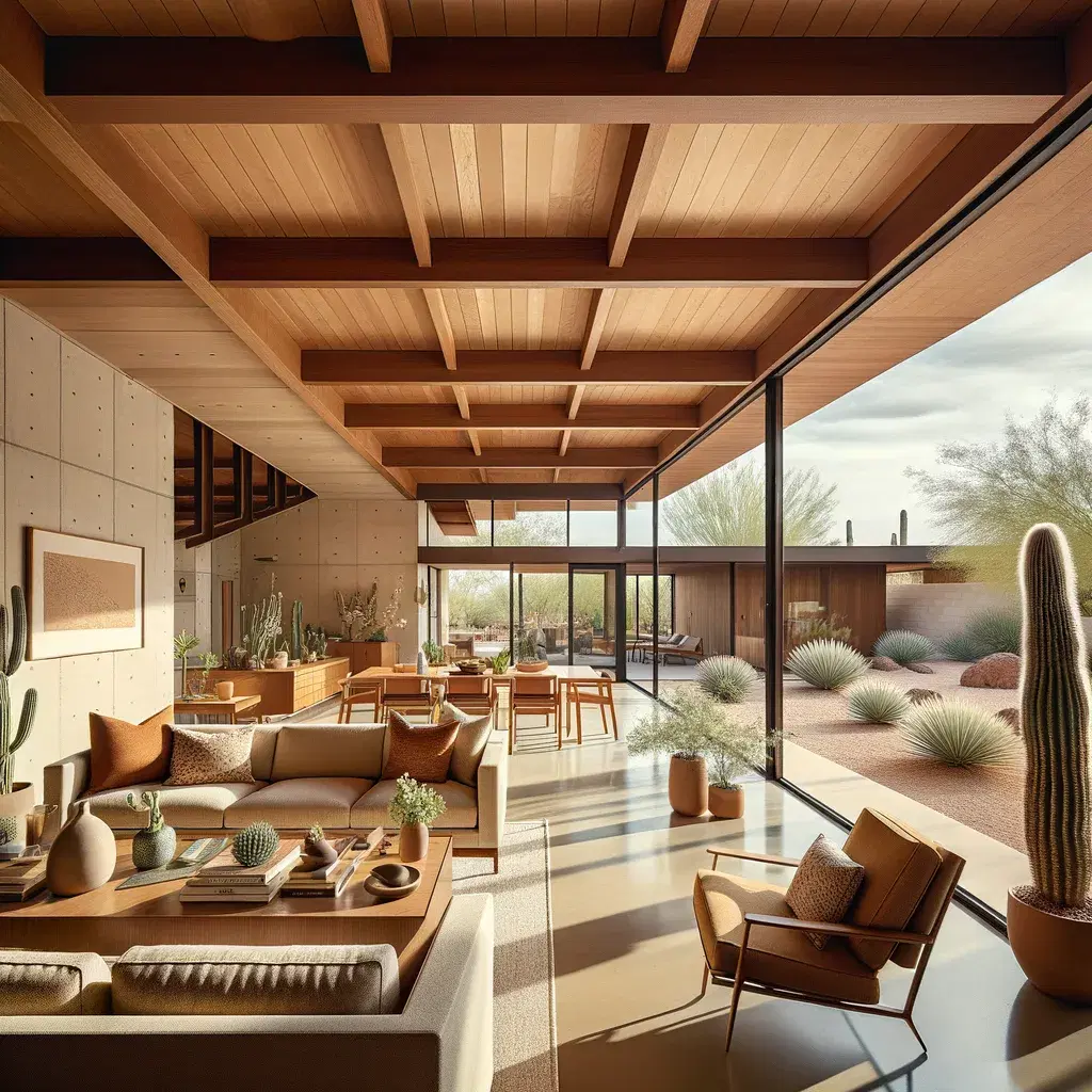 Open-concept living area in a renovated mid-century Phoenix home — exposed wood beams, modern furnishings, abundant desert light