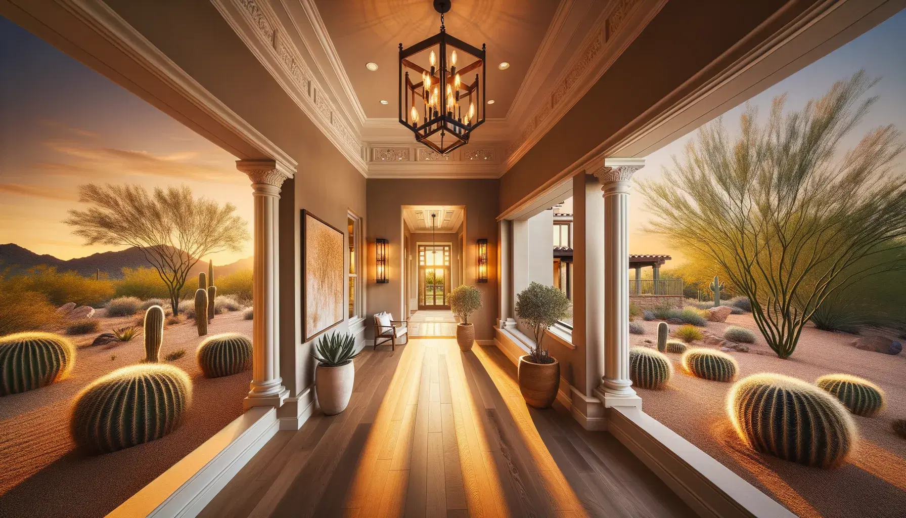 Restored hallway in a historic Phoenix home — original crown molding and hardwood floors alongside a sleek modern pendant light, blending heritage and contemporary design